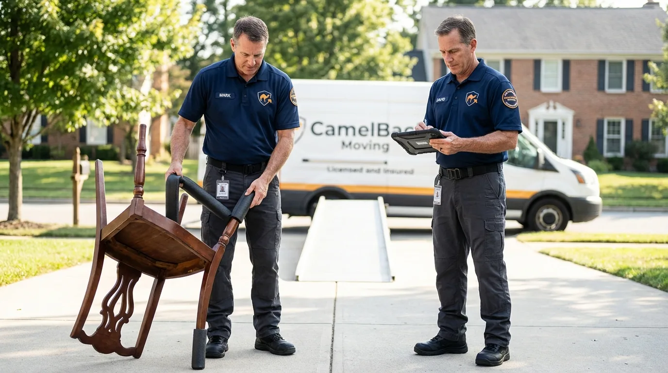 Movers inspecting furniture for damage prevention before loading in Waretown, NJ